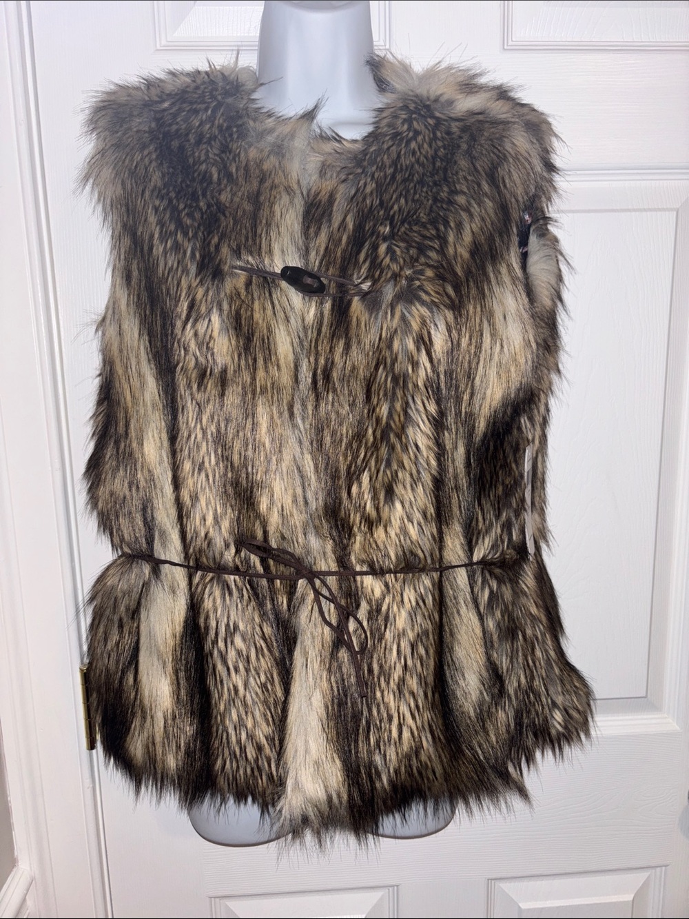 BCBGeneration Faux Fur Vest in Taupe, Cream, and Black Accents